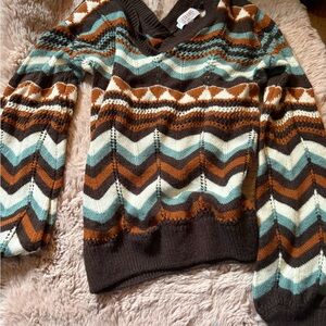 Shyanne V-Neck Chevron Sweater - Brown, Cream, Blue